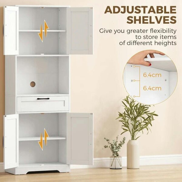 170 cm Tall Kitchen Pantry with Adjustable Shelves, Freestanding Storage Cabinet with Open Shelf, White Wood Effect