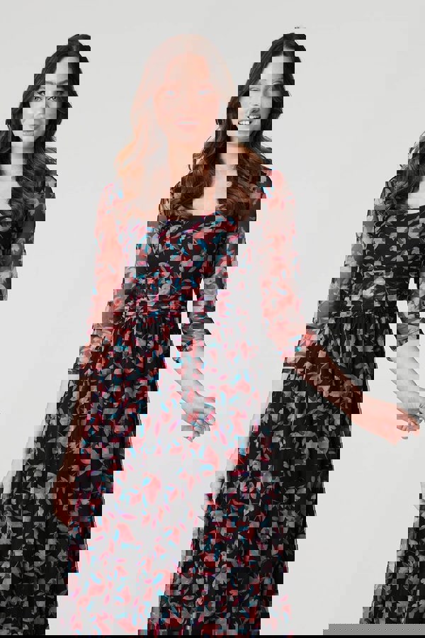 Black | Floral Semi Sheer Ruched Midi Dress