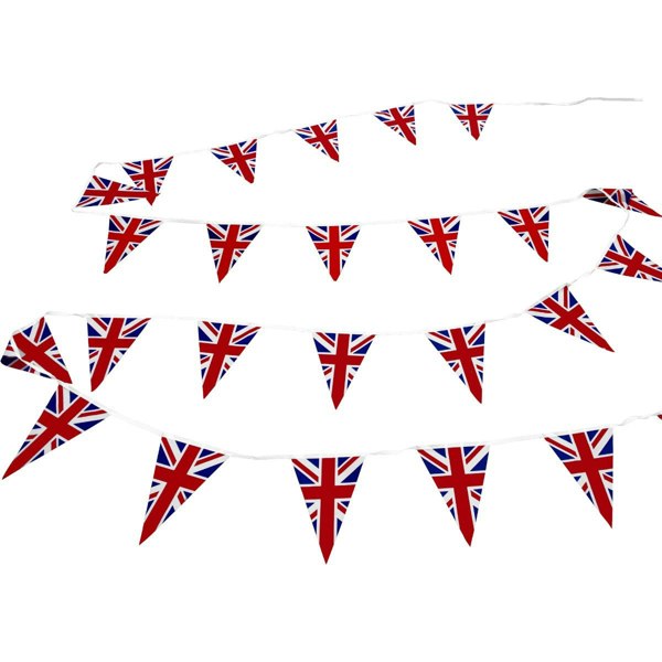 Union Jack flag bunting, 10m long, featuring vibrant red, white, and blue triangular flags, perfect for celebrations and events