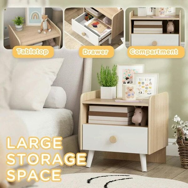 Kids Bedside Table with Drawer and Open Storage Shelf, Wooden Nightstand for Bedroom, Bedside Cabinet, White