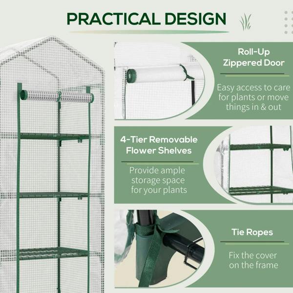 Mini greenhouse with white PE cover and green frame, roll-up zippered door and four shelves