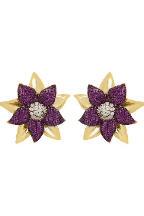 Latelita Marguerite Daisy Flower Large Stud Earrings Ruby Gold