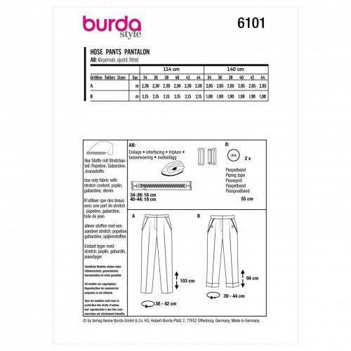 Burda Sewing Pattern 6101 Trousers For Women, 34 to 44 - Intermediate