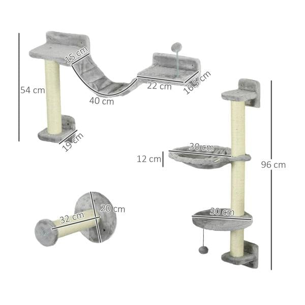 Wall-mounted grey cat climbing set with labeled hammock and platform dimensions