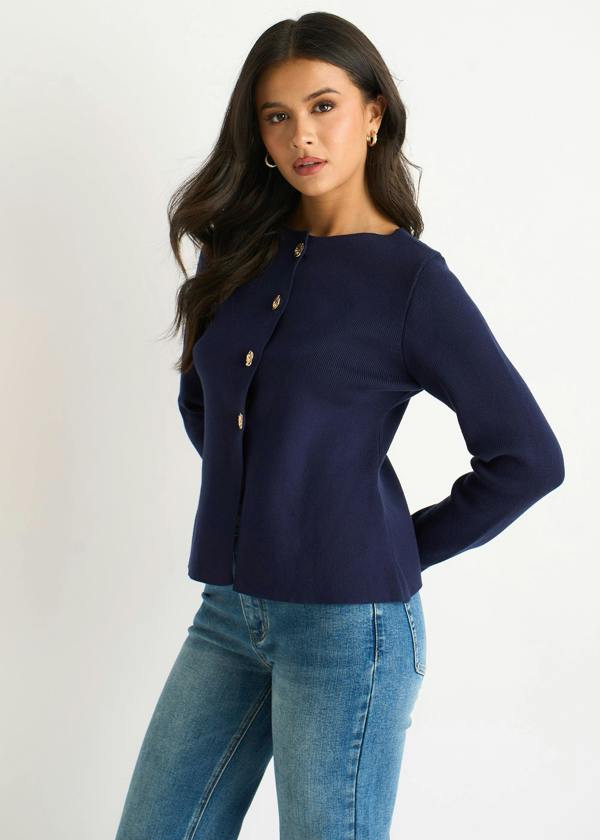 Gini London Navy Button Front Compact Knit Cardigan