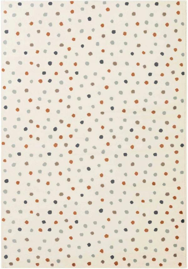 Patterned rug with small dots in various colors on a beige background