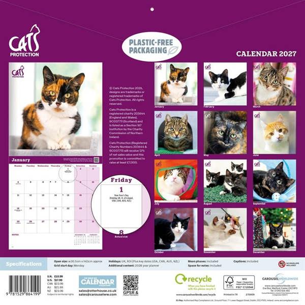 Cats Protection Calendar 2027, Wall Calendars, Month To View, Cats, Gift