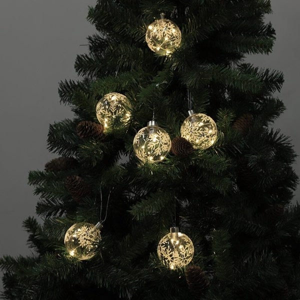 Set of 6 Clear Snowflakes Ball Christmas Glass LED Light Hanging Ornaments Living and Home