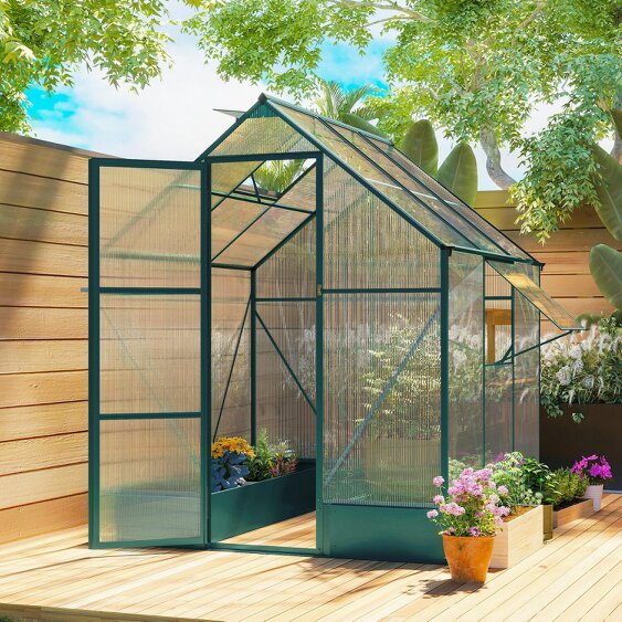 Outsunny Walk-in Greenhouse Garden Polycarbonate Aluminium w/ Smart Window 6x6ft - 6 x 6ft - Transparent, Green