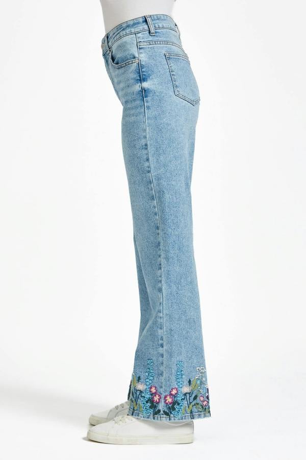 Mudflower Floral Embroidered Wide Leg Denim Jeans
