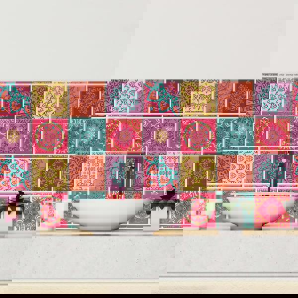 Colourful Mandala Spanish Glossy 3D Sticker Tile 15.4 cm (6 in) - 16pcs in a pack