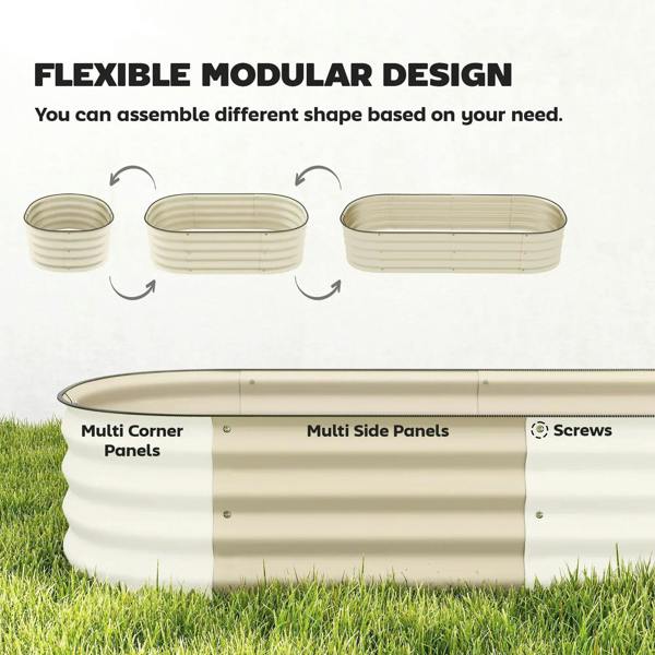 Cream white modular metal raised garden bed with multiple panel sections and black rim