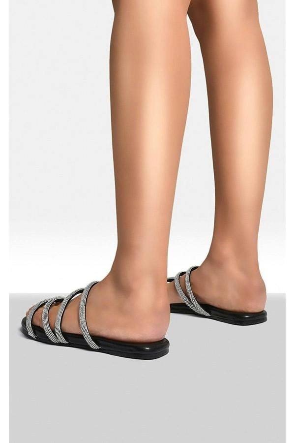 Reya Embellished Asymmetrical Strap Flat Sandals - Black