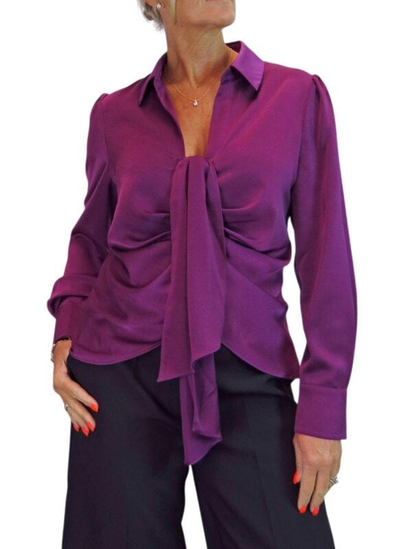 Paulo Due Women's Long Sleeve Tie Front Satin Blouse Shirt - Deep Plum