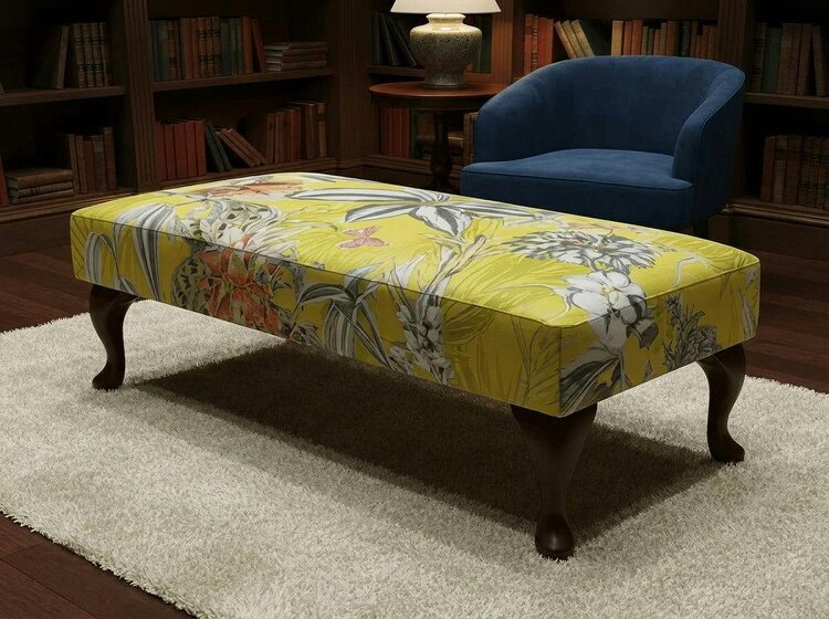 ISTOOLS Premium Zen Floral Footstool Ottoman – Yellow Bird Print Pouffe Footrest for Living Room Decor - 36 x 24 Inches (92 x 61cm)