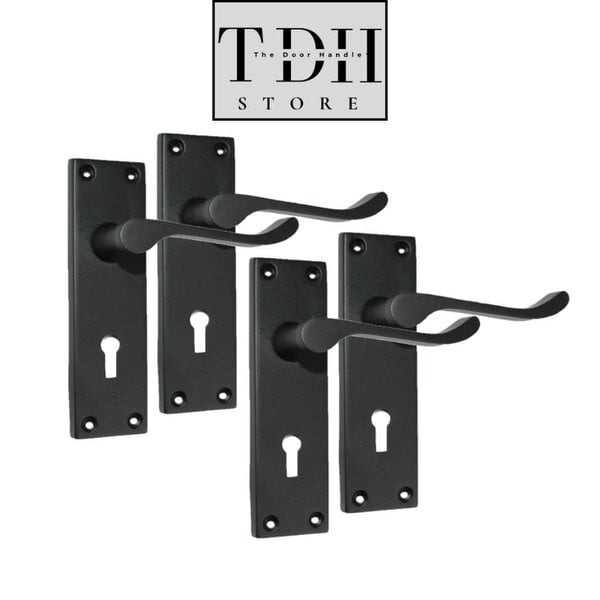 EDH Door Hardware Matt Black Victorian Scroll Door Handles – Handle Only, Handle + Lock or Lock Only – 150mm x 43mm