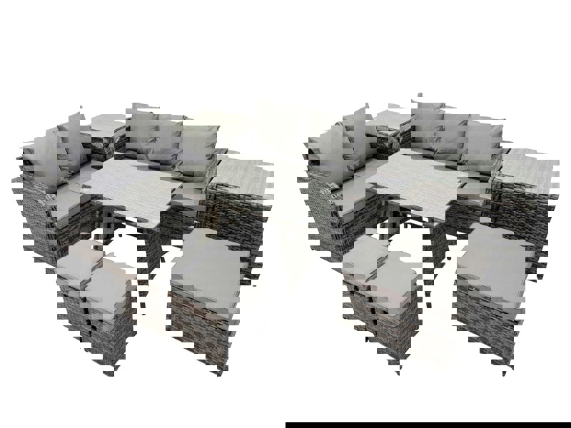 Fimous Garden Rattan Outdoor Furniture Set 8 Seater with Love Sofa 3 Seater Sofa 2 Side Table 3 Stool Dark Grey