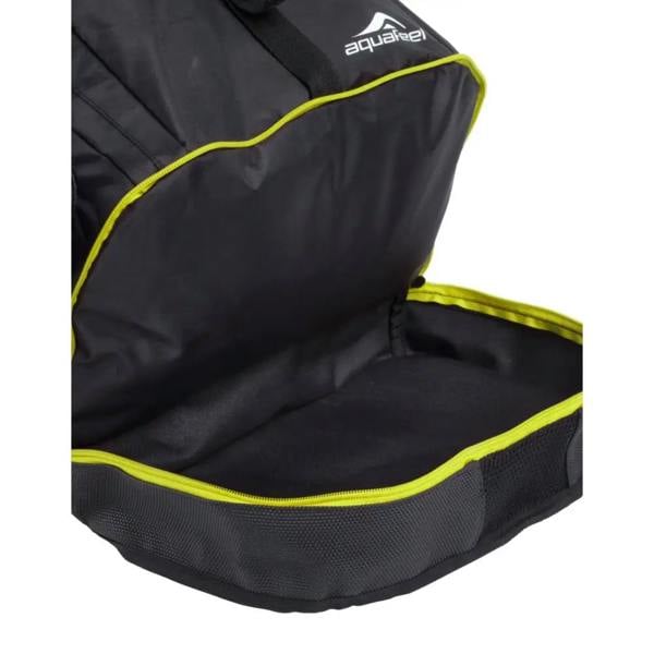 Aquafeel Rucksack 42L with Aquafeet waterproof shoe bag, neon green accents, mesh bottom, adjustable shoulder straps, outer compartments