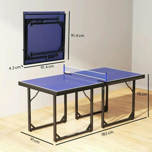 Blue table tennis table with net and black underframe, showing foldable design