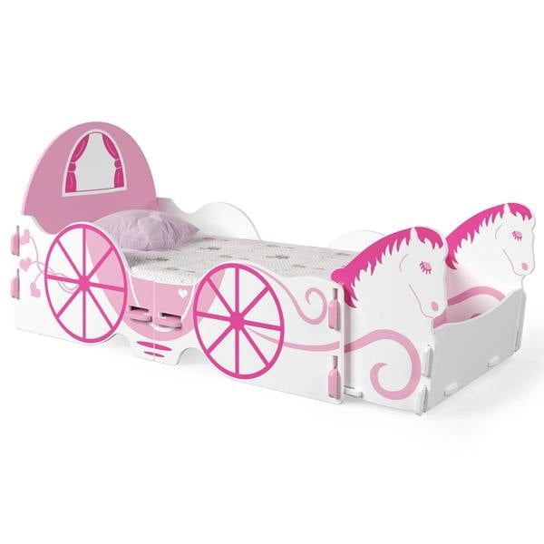 Alternative view of the princesses carriage bed frame. It shows off the pink illustrated cart graphics and comes with a detachable horse toy box at the front.