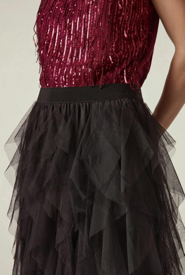 James Lakeland Black Tulle Ruffle Midi Skirt