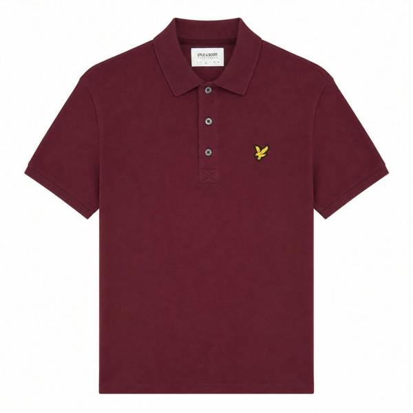 Burgundy Lyle & Scott short-sleeve polo shirt in cotton piqué with a classic collar, three-button placket, and gold logo.