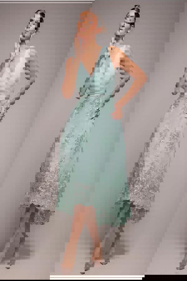 Pleated Satin Bodice High And Low Dress - Sage Green DR3337QZ