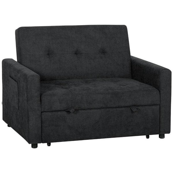 Loveseat Sofa Bed, Convertible Bed Settee with 2 Pillows, Side Pockets, Black