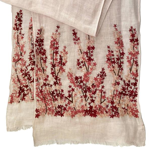 Hayley & Co Hand Embroidered 100% Linen Scarf in Light Pink Meadow Floral
