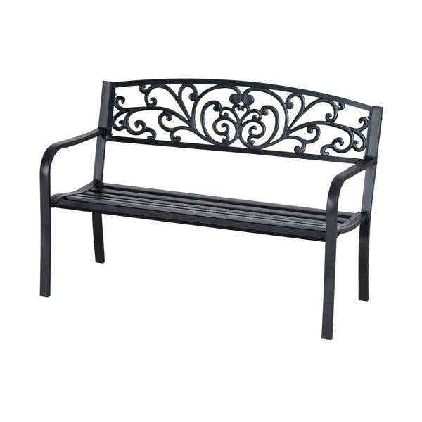 Black steel 2-seat garden bench with scrollwork backrest and slatted seat