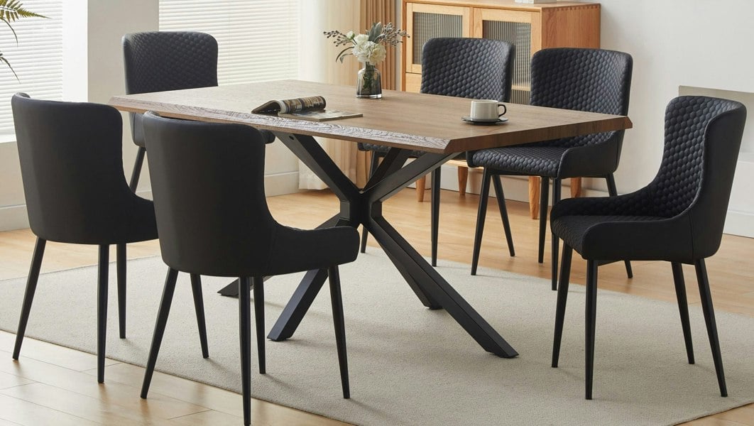 Comfy Living Comiso 7-Piece Dining Set - Industrial Style Oak Effect Table Top with Chic Faux Leather Chairs for a Modern Dining Experience