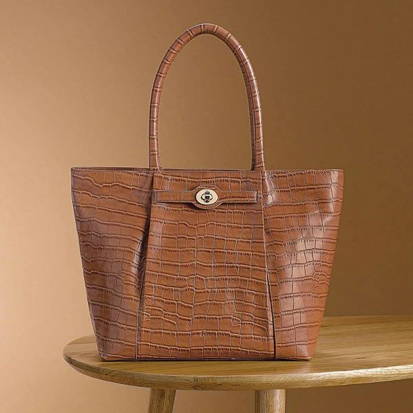 Pia Tan Croc-Embossed Leather Tote Bag with Gold Fittings