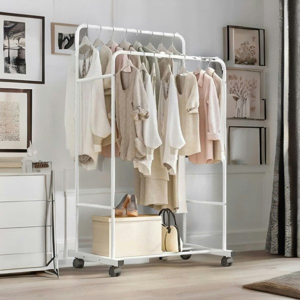 Rafaelo Mobilia Heavy Duty Metal Clothes Rail Open Wardrobe On Wheels White