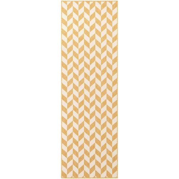 Beige and white chevron patterned towel on a white background