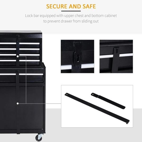 Black tool chest with locking bar, secured doors, and metal drawer frame details