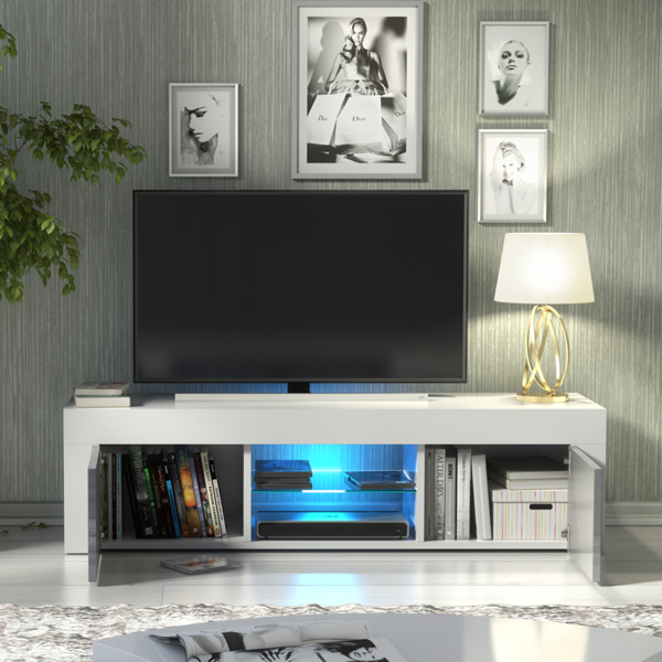 Mex Furniture Striking 130cm TV Unit Cabinet with Grey High Gloss Doors LED Lights