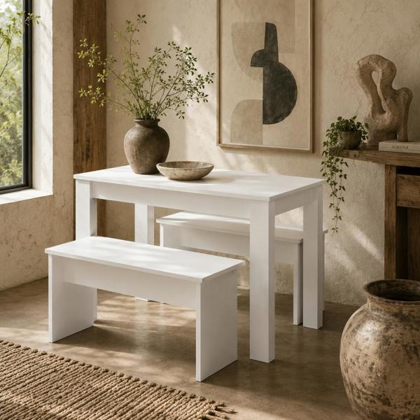 Wyld Haus Sono Wooden White Dining Table With 2 Benches For Compact Spaces