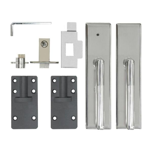 Brown composite panel gate hardware set featuring stainless steel handles, hinges, and locking mechanism for secure installation