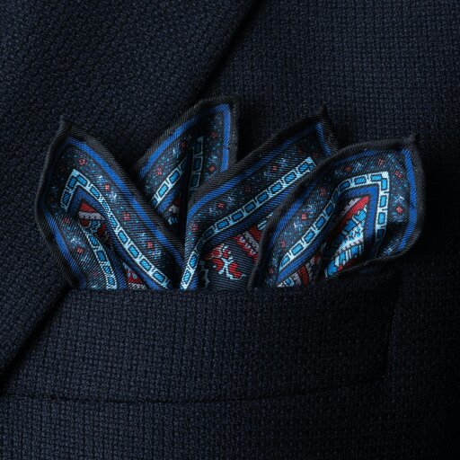 Otway & Orford 'Cypress' paisley silk pocket square in red & blue (42 x 42cm)