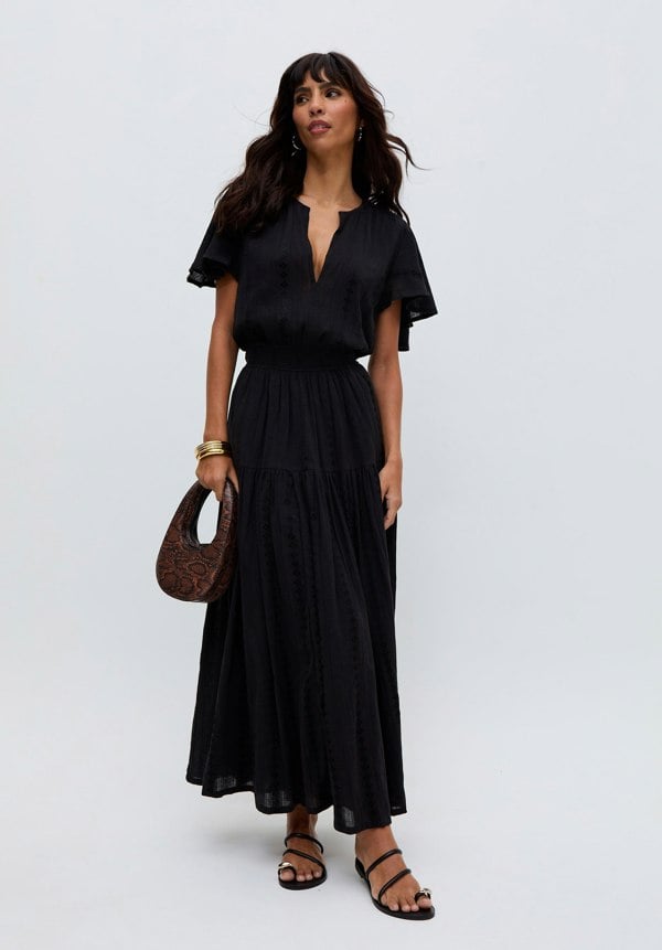 womens premium Flutter Sleeve Jacquard Maxi Dress In Black - image 1