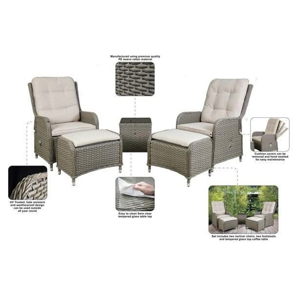 3pc Garden Reclining Bistro Set - Rattan Wicker - Outdoor Chairs & Coffee Table - LoopsDirect