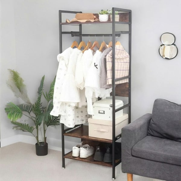 Rafaelo Mobilia Industrial Heavy Duty Metal Open Wardrobe With Shelves Rustic Brown