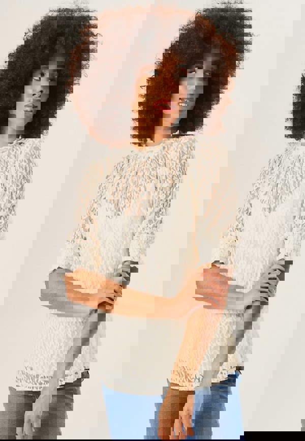 Gini London Cream High Neck Lace Loose Fit Blouse