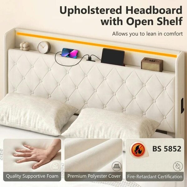 5ft King Bed Frame with Headboard, Platform Bed Frame with Hydraulic Storage, LED Lights and Charging Station, White