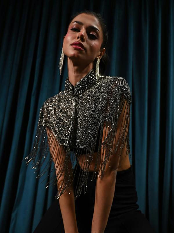 Rose & Nancy Bonnie Hand Embellished Black Silver Fringe Cape Top