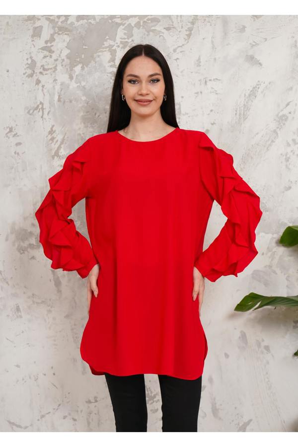 Hoxton Gal Oversized Long Ruffle Sleeve Relaxed Fit Tunic in Red