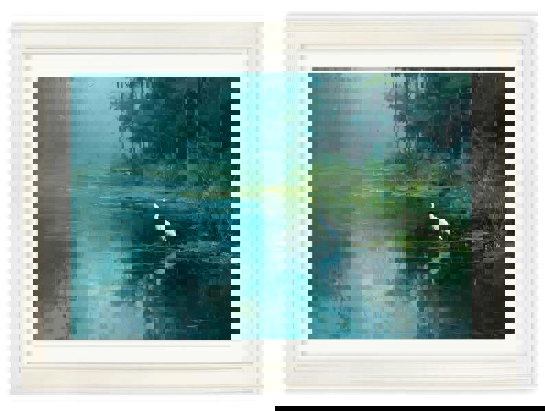 Exceptional Art Misty Lake Great Egret - Cream Hurstwood frame