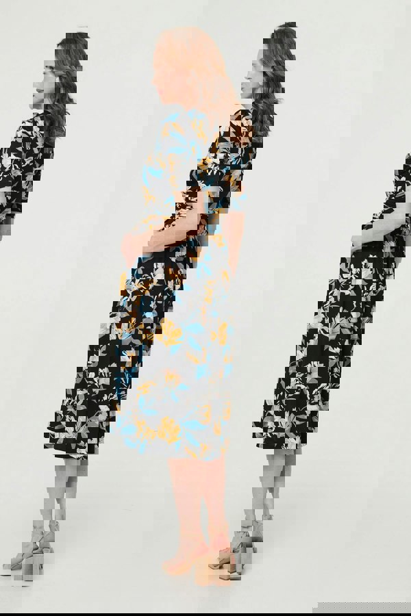 Black | Floral Short Sleeve Faux Wrap Midi Dress 