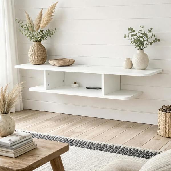 Wyld Haus Kere Wooden White Floating TV Unit With OFauxn Shelves For Screens Up To 40 Inches