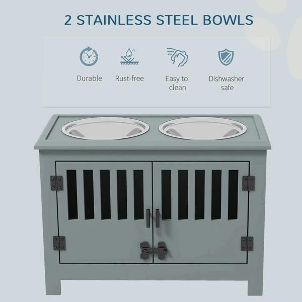 Grey raised dog feeding station featuring two stainless steel bowls with slatted front cabinet